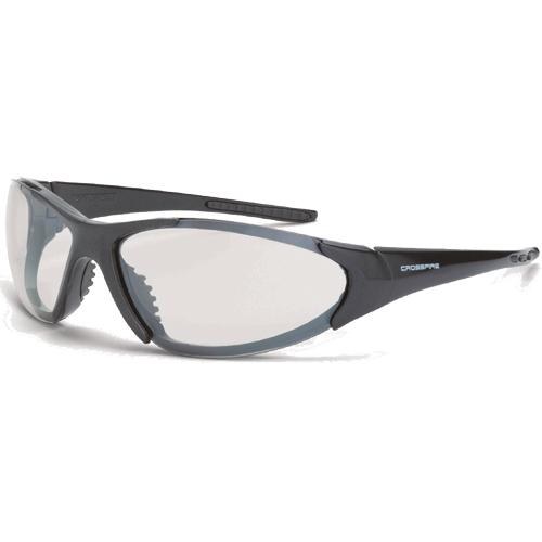 SAFETY GLASSES, CORE, SHINY BLACK FRAME, INDOOR/OUTDOOR LENS BLACK TIPS.