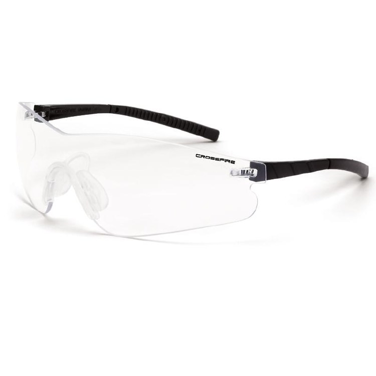SAFETY GLASSES, BLADE, CLEAR ANTI-FOG LENS W/BLACK TEMPLE & TIP & CLEAR NOSE PIECE.