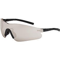 SAFETY GLASSES, BLADE, SILVER MIRROR LENS W/BLACK TEMPLE, TIP & NOSE PIECE.