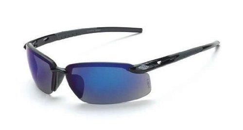 SAFETY GLASSES, ES5, SHINY BLACK FRAME WITH BLUE MIRROR LENS.