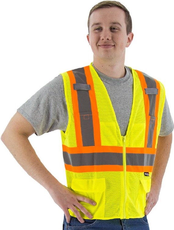 VEST, ANSI CLASS 2, HI-VIS LIME W/4"ORANGE STRIPE-DOUBLE 1" SILVER ANSI 107-2010, ZIPPER, MESH