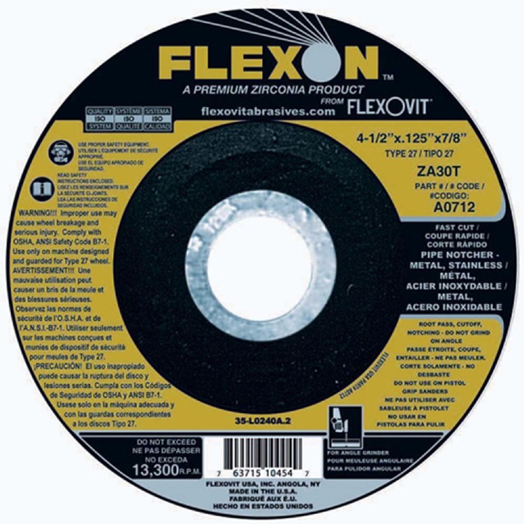 GRINDING WHEEL, FAST CUT, HD, 4-1/2" X 1/8" X 7/8", ZA30T, FOR CUTTING/NOTCHING/ROOT PASS GRINDING PIPELINE