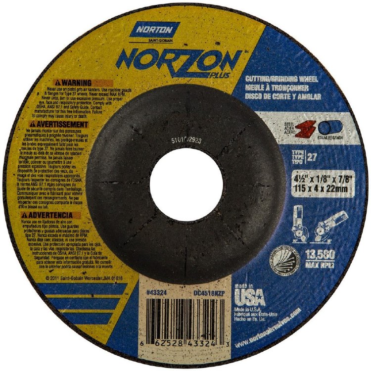 GRINDING WHEEL, NORTON NORZON PLUS, 4-1/2" X 1/8" X 7/8", REINFORCED