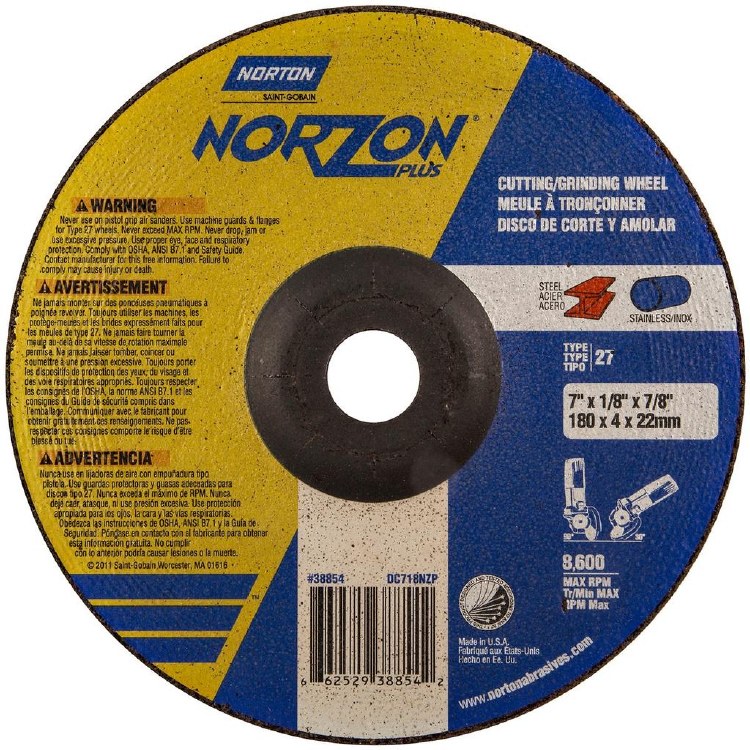 GRINDING WHEEL, 7" X 1/8" X 7/8", NORTON NORZON PLUS, REINFORCED, TYPE 27