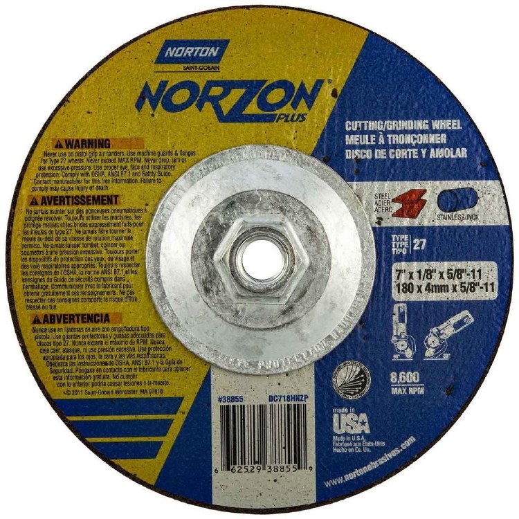 GRINDING WHEEL, 7" X 1/8" X 7/8", NORTON NORZON PLUS, REINFORCED, TYPE 27