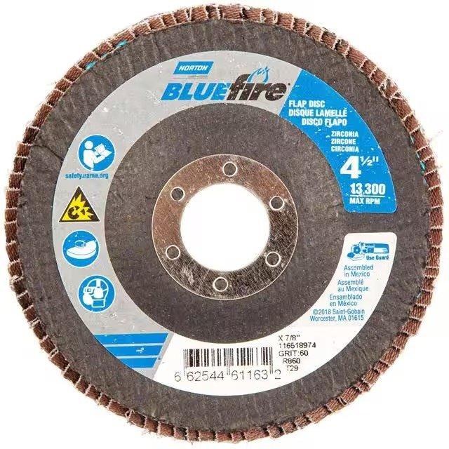 FLAP DISC, 4 1/2" X 7/8" 60 GRIT BLUEFIRE R884P ZIRCONA ALUMINA PLUS, TYPE 29 FIBERGLASS BACKING PLATE