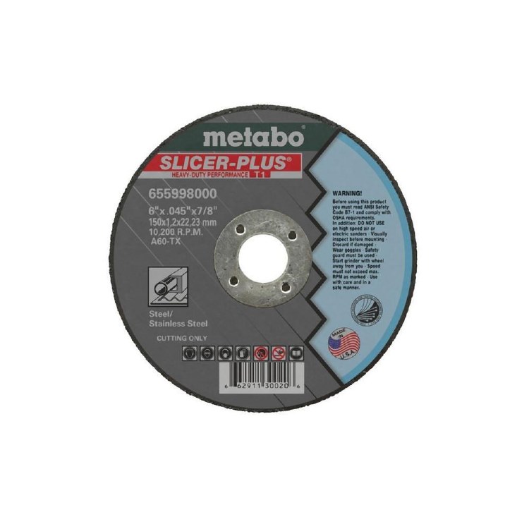 CUTOFF WHEEL, 6" X .045" x 7/8" ARBOR TYPE 1, A60 SST METAL & STAINLESS
