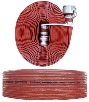 HOSE, DISCHARGE,RED, 6" X 50 FT., LAY FLAT, W/ C & E CAM & GROOVES