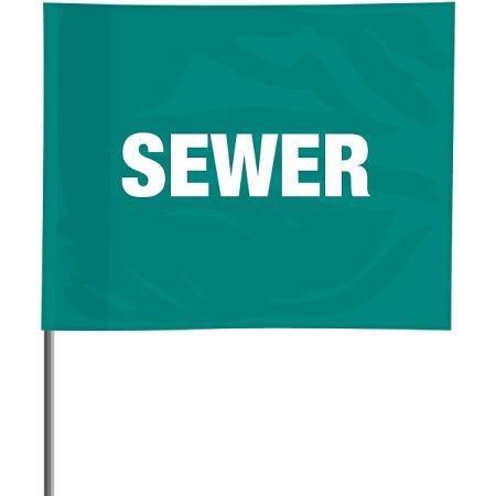 FLAG, MARKING, 4" X 5", 30" WIRE, GREEN, PRINTED "SEWER", PAK OF 100