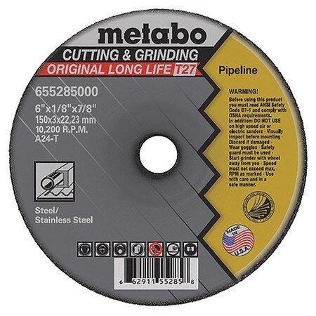 WHEEL, GRINDING, 6" X 1/8" x 7/8" ARBOR, TYPE 27  A24T, METAL & STAINLESS, PIPELINE NOTCHING