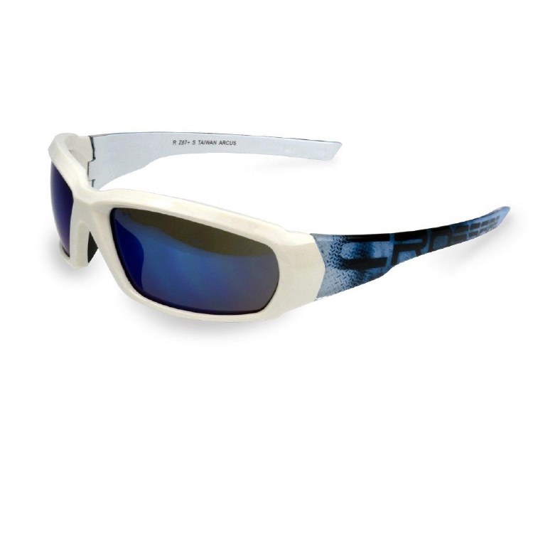 GLASSES, SAFETY, CROSSFIRE ARCUS BLUE MIRROR, WHITE FRAME, RUBBER NOSEPIECE