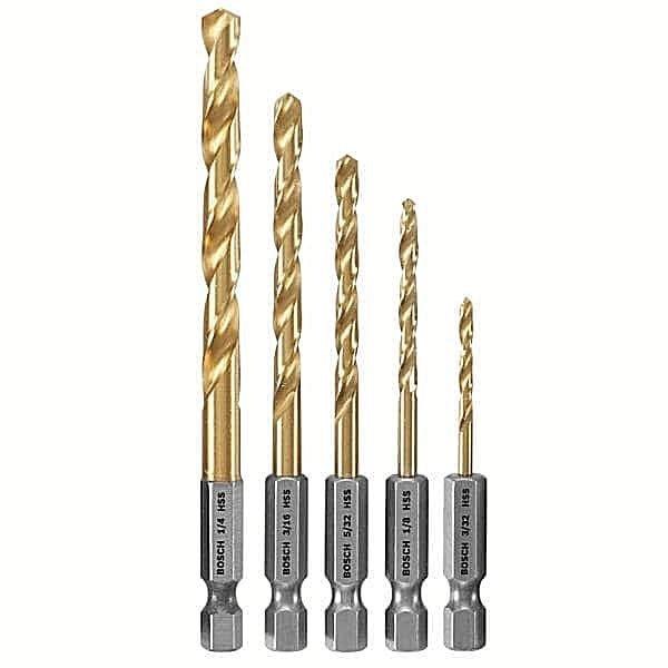 BIT SET, TITANIUM DRILL BIT , 5pc. IMPACT HEX SHANK, 3/32", 1/8", 5/32", 3/16", 1/4"