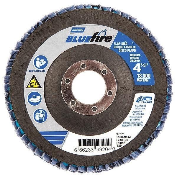 FLAP DISC, 4-1/2" X 7/8", TYPE29, 24 GRIT, CURVED, METAL, STAINLESS