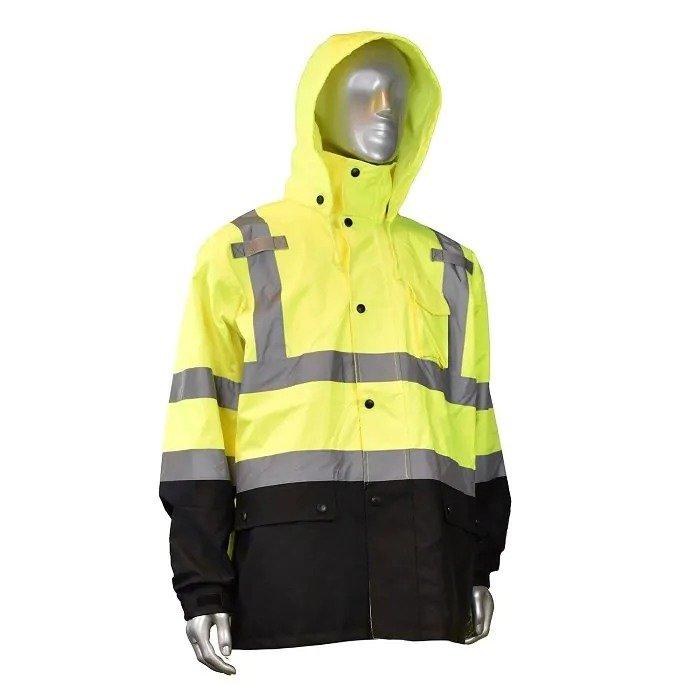RAINCOAT, HI VIZ , CLASS 3, PU COATED, BLACK WAIST/CUFF, RADIANS
