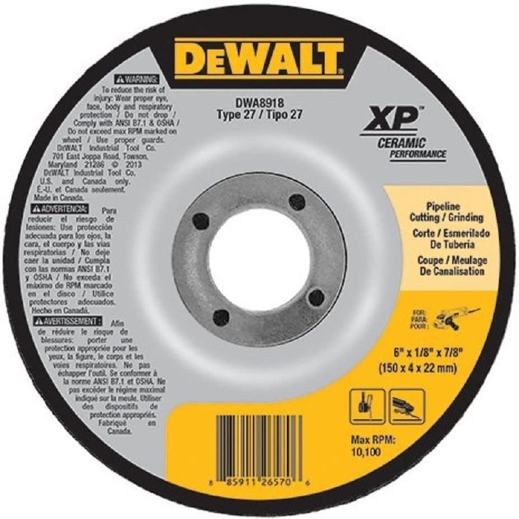 WHEEL, GRINDING, CERAMIC 6" X 1/8" x 7/8" ARBOR, TYPE 27  A24T, METAL & STAINLESS, PIPELINE NOTCHING