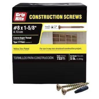 SCREW, 1-5/8", #8, T25 STAR DRIVE BUGLE-HEAD CONSTRUCTION,, 5LB, 733 PCS