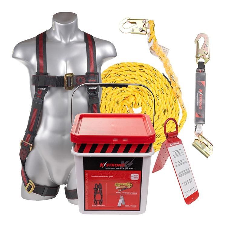 ROOFER'S FALL PROTECTION KIT-BUCKET, HARNESS, 50' ROPE, LANYARD, ROOF ANCHOR, ROPE GRAB