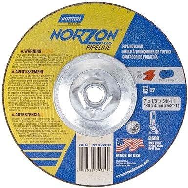 GRINDING WHEEL, 7" X 1/8" x 5/8"-11, NORTON NORZON PLUS PIPELINE, REINFORCED, TYPE 27