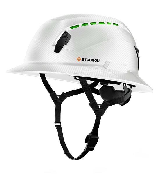 HARD HAT, FULL BRIM TYPE 2, CHIN STRAP WHITE CARBON  VENTED CLASS C RATCHET BACK