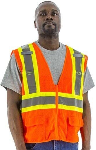 VEST, ANSI CLASS 2, HI-VIS ORANGE W/4"LIME STRIPE-DOUBLE 1" SILVER ANSI 107-2010, ZIPPER, MESH