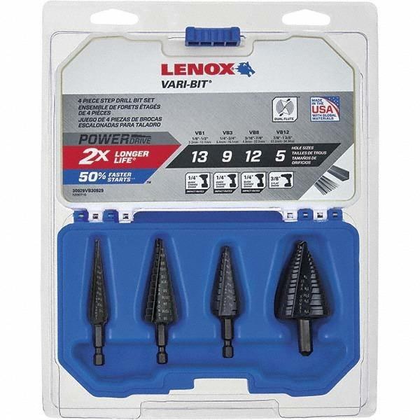 Step Drill Bit Set: 4 Pc 1/8" to 1-3/8", HSS Black Oxide Finish Split Point Straight Shank