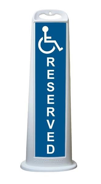 SIGN PANEL "RESERVED w/ HANDICAP SYMBOL" TRAILBLZER 8" x 45" WHITE w/BLUE  12# RUBBER BASE