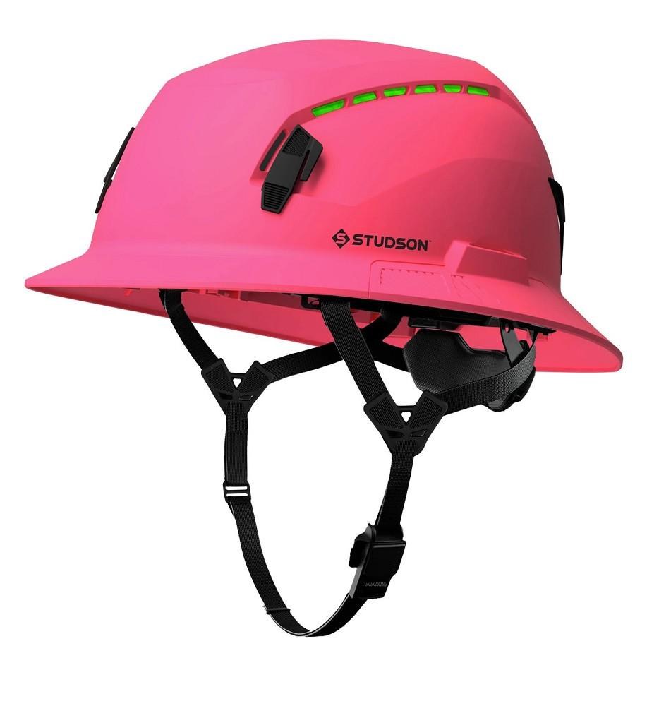 HARD HAT, FULL BRIM TYPE 2, CHIN STRAP PINK VENTED RATCHET BACK