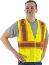 VEST, ANSI CLASS 2, HI-VIS LIME W/4"ORANGE STRIPE-DOUBLE 1" SILVER ANSI 107-2010, ZIPPER, MESH VEST, ANSI CLASS 2, HI-VIS LIME W/4"ORANGE STRIPE-DOUBLE 1" SILVER ANSI 107-2010, ZIPPER, MESH