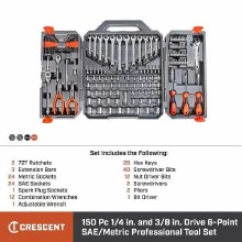 Additional picture of Tool Set 1/4" and 3/8" Drive 6 Point SAE/Metric Professional 150-Piece