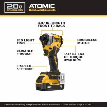 Additional picture of Impact Driver 20V Max Atomic Cordless Brushless 3-Speed 1/4" Dewalt (Bare Tool)