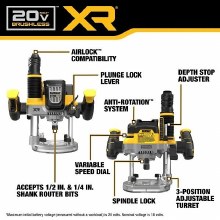 Additional picture of Router Plunge 20V Max XR Cordless Brushless 2-1/4 Peak HP Dewalt (Bare Tool)