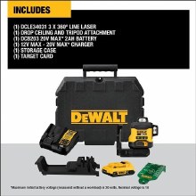 Additional picture of Laser 20V Max XR 3x360 Green Line Laser Kit Dewalt (1) Battery (1) Charger (1) Ceiling/Wall Bracket w/Tripod Mount (1) Laser Target Card