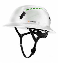 HARD HAT, FULL BRIM TYPE 2, CHIN STRAP WHITE CARBON  VENTED CLASS C RATCHET BACK
