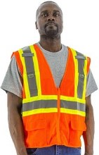 VEST, ANSI CLASS 2, HI-VIS ORANGE W/4"LIME STRIPE-DOUBLE 1" SILVER ANSI 107-2010, ZIPPER, MESH