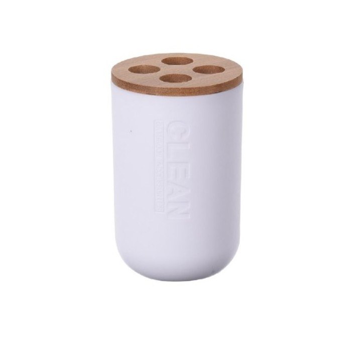 WHITE TOOTHBRUSH HOLDER W/BAMBOO COVER