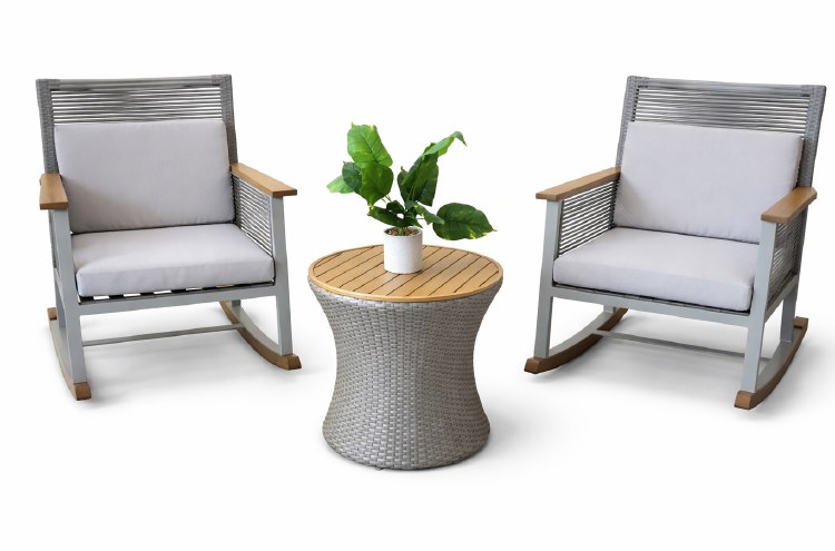OUTDOOR GREY ROCKING CHAIR & TABLE 3 PIECE SET