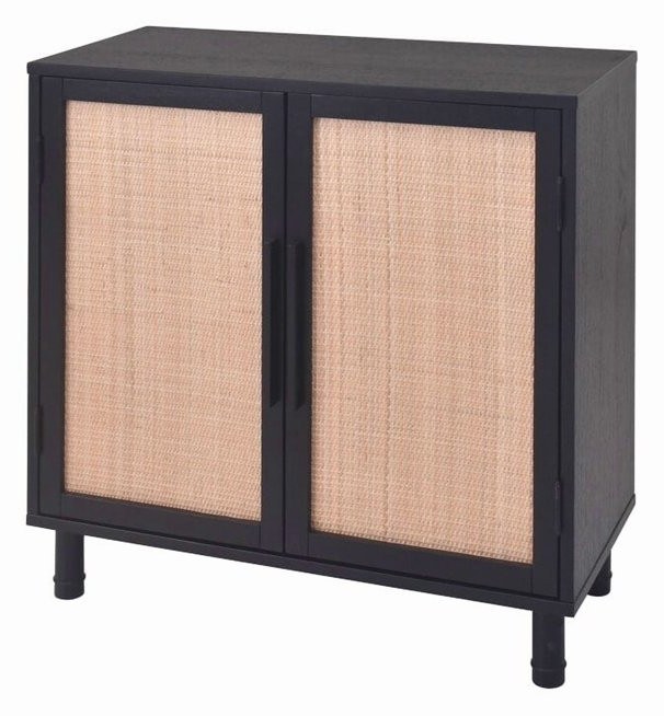 CABINET 2 DOOR BLACK W/RATTAN