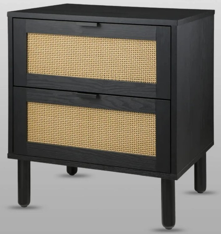 NIGHTSTAND BLACK 2 DRAWER  W/RATTAN
