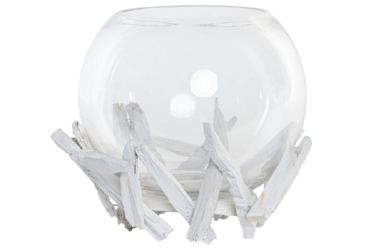 GLASS CANDLE HOLDER W/ WHITE WOODEN BASE
