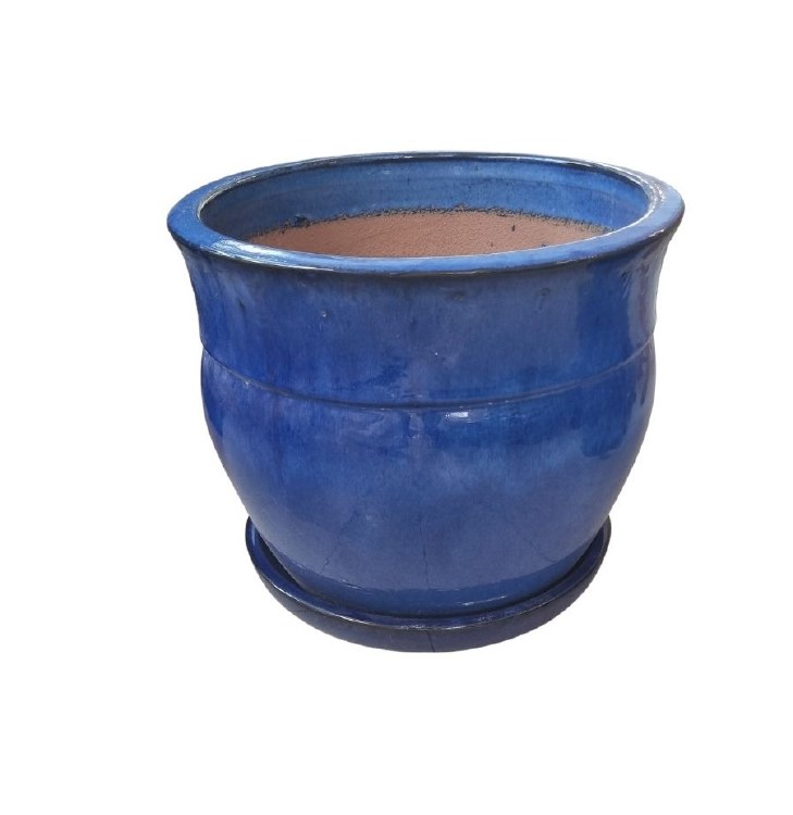 BLUE GLAZED PLANTER W/SAUCER-MEDIUM