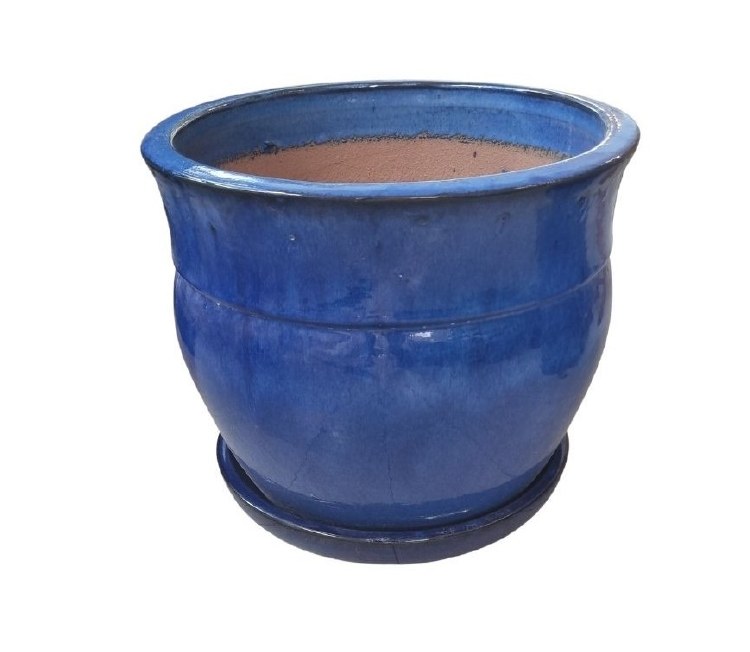 BLUE GLAZED PLANTER W/SAUCER-LARGE