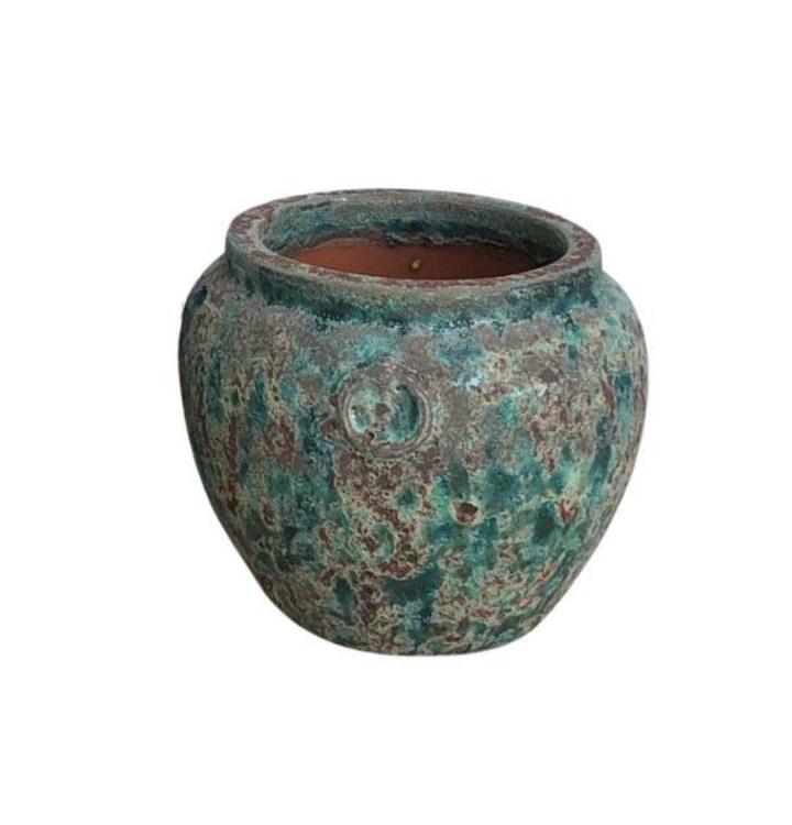 MOTTLED GREEN GLAZED TEXTURED PLANTER-SMALL