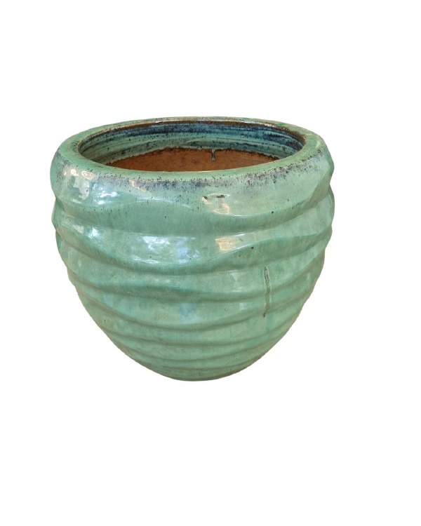 GREEN GLAZED PLANTER W/LINES-MEDIUM