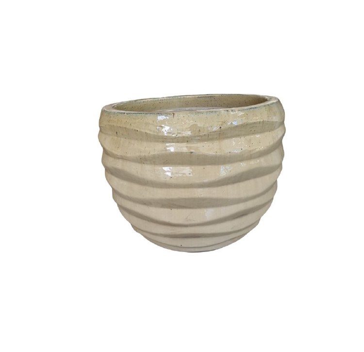 OFF-WHITE GLAZED PLANTER W/LINES-SMALL