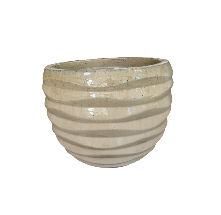 OFF-WHITE GLAZED PLANTER W/LINES-MEDIUM