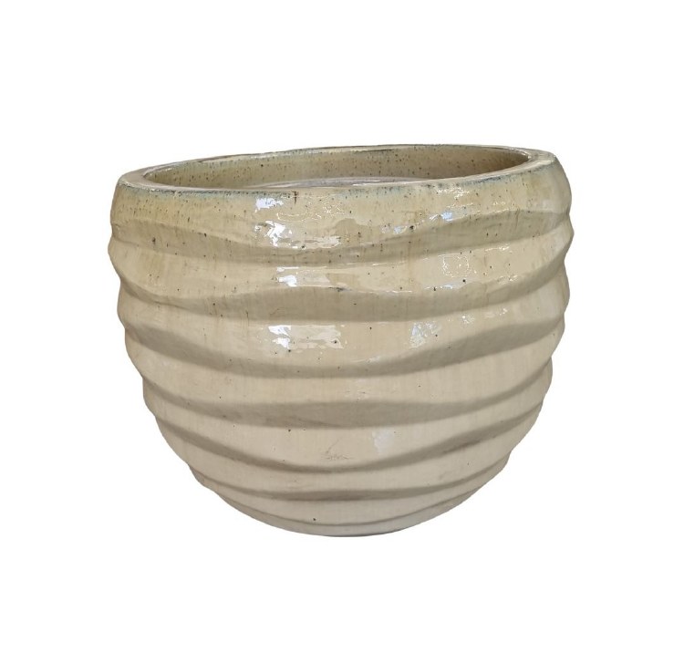 OFF-WHITE GLAZED PLANTER W/LINES-LARGE