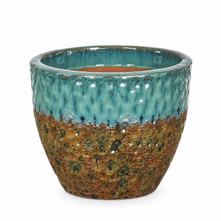 TEXTURED PLANTER W//TURQUOISE RIM-SMALL