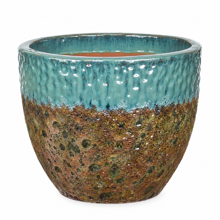 TEXTURED PLANTER W/TURQUOISE RIM-MEDIUM