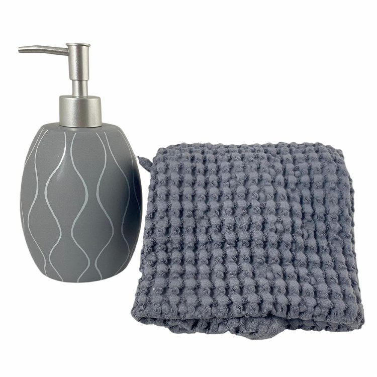 GREY BATH SET PUMP & TOWEL SET-2 PIECE