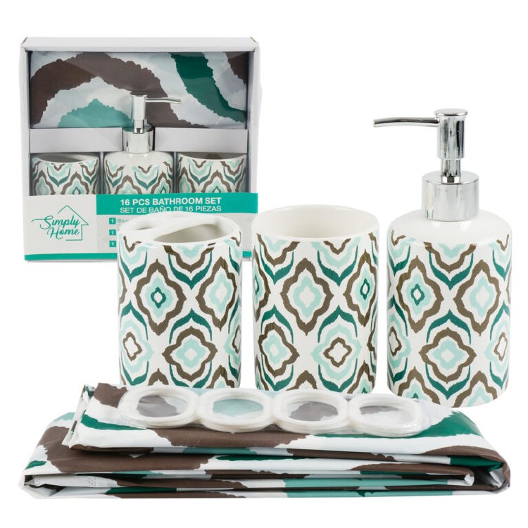 TURQUOISE & GREY BATH SET-16 PIECE